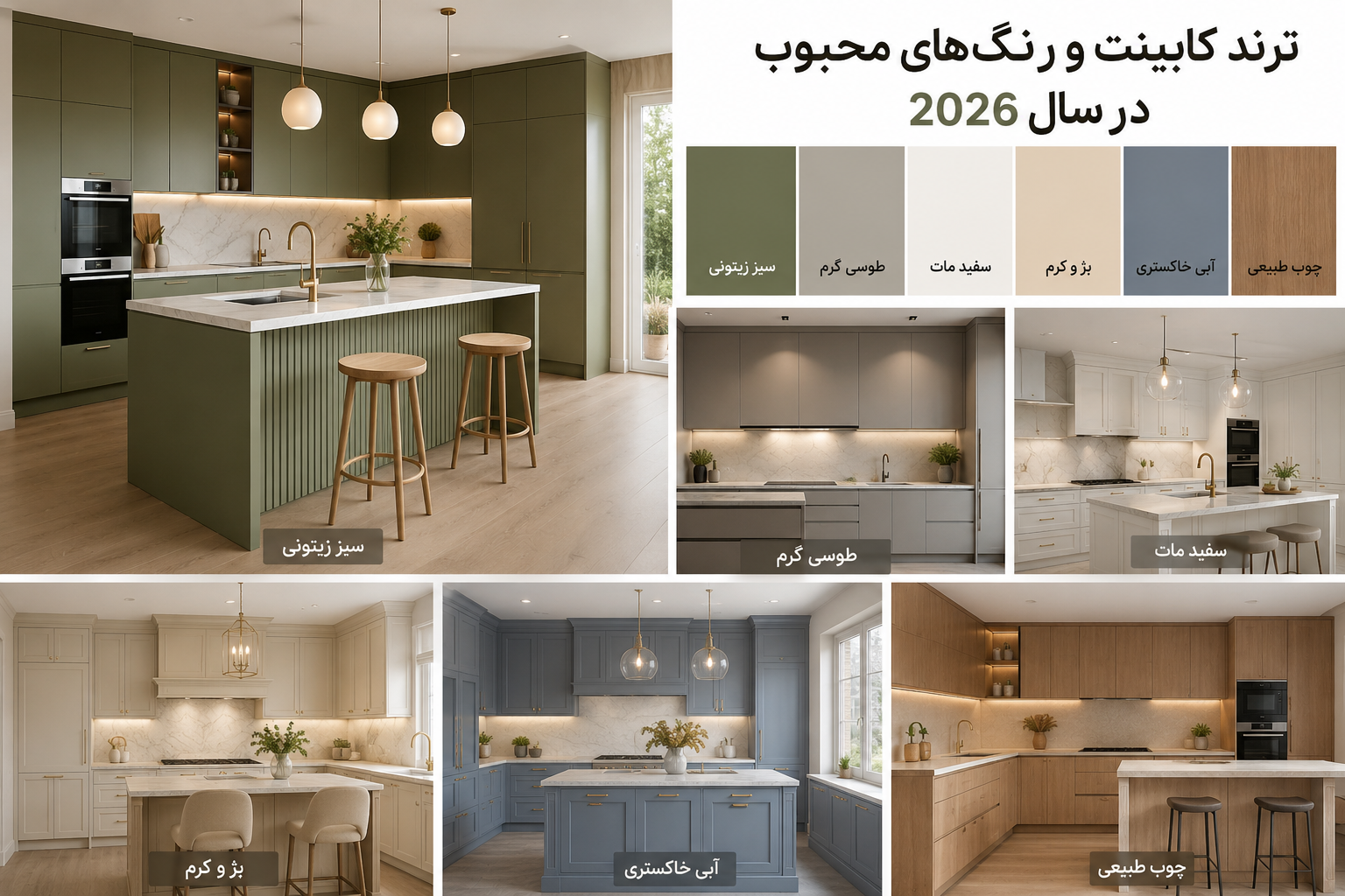 کابینت ترند ۲۰۲۶ | جدیدترین رنگ‌های کابینت آشپزخانه + راهنمای انتخاب